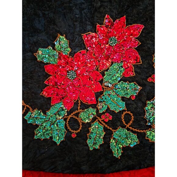 Vintage Velvet Tree Skirt Sequined Poinsettias & Holly Embroidery Ruffle Trim - Picture 2 of 10